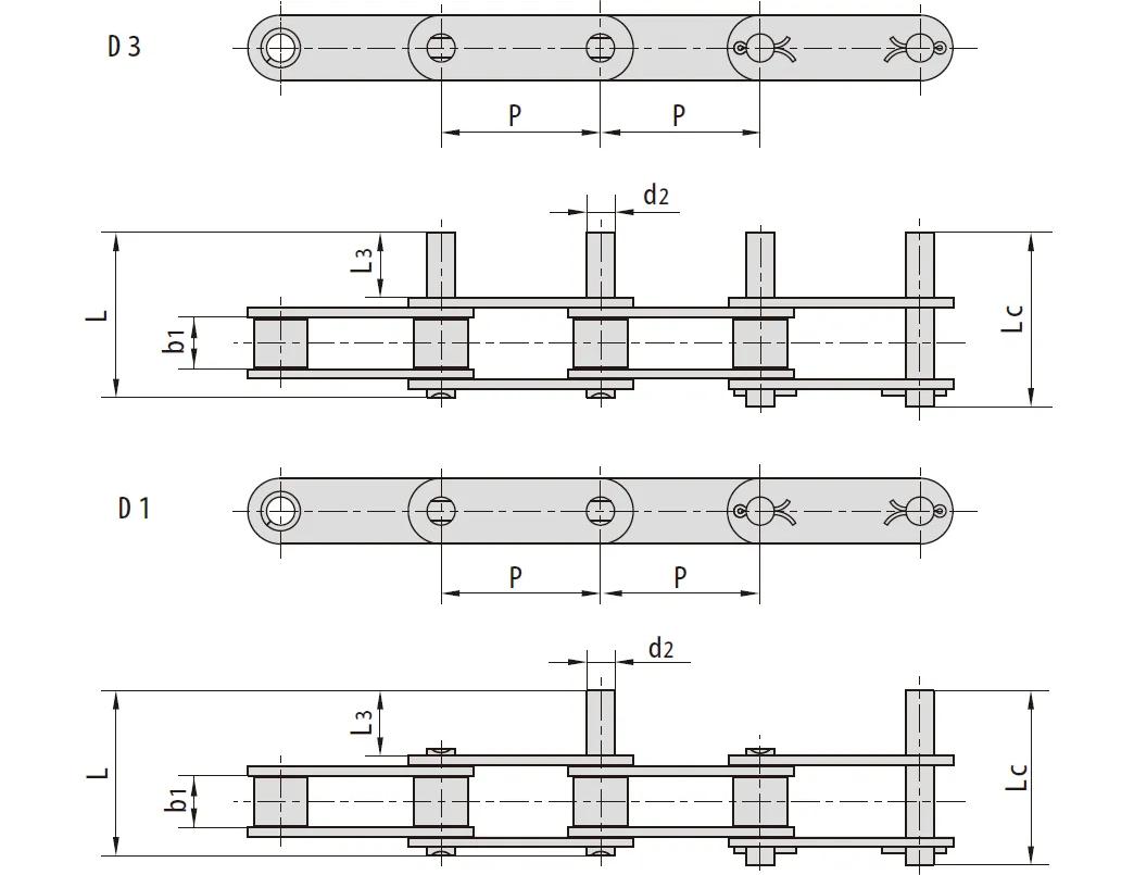 Stainless Steel Double Pitch Conveyor Chains with Extended Pins drawing