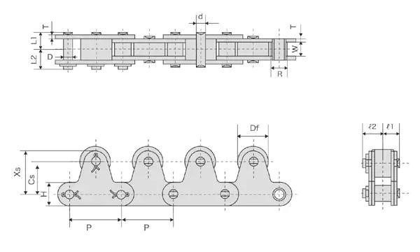 Stainless Steel Double Pitch Conveyor Chains With Top Rollers drawing