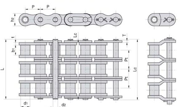 ISODIN ANSI standard A series cottered type short pitch roller chains drawing